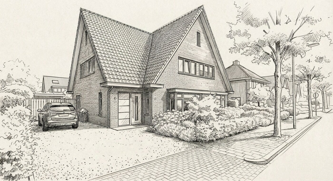 Architectenschets — bakstenen woning