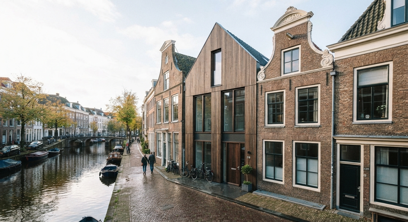 Archithello 3D visualisatie — nieuwbouw tussen historische grachtenpanden, Leiden