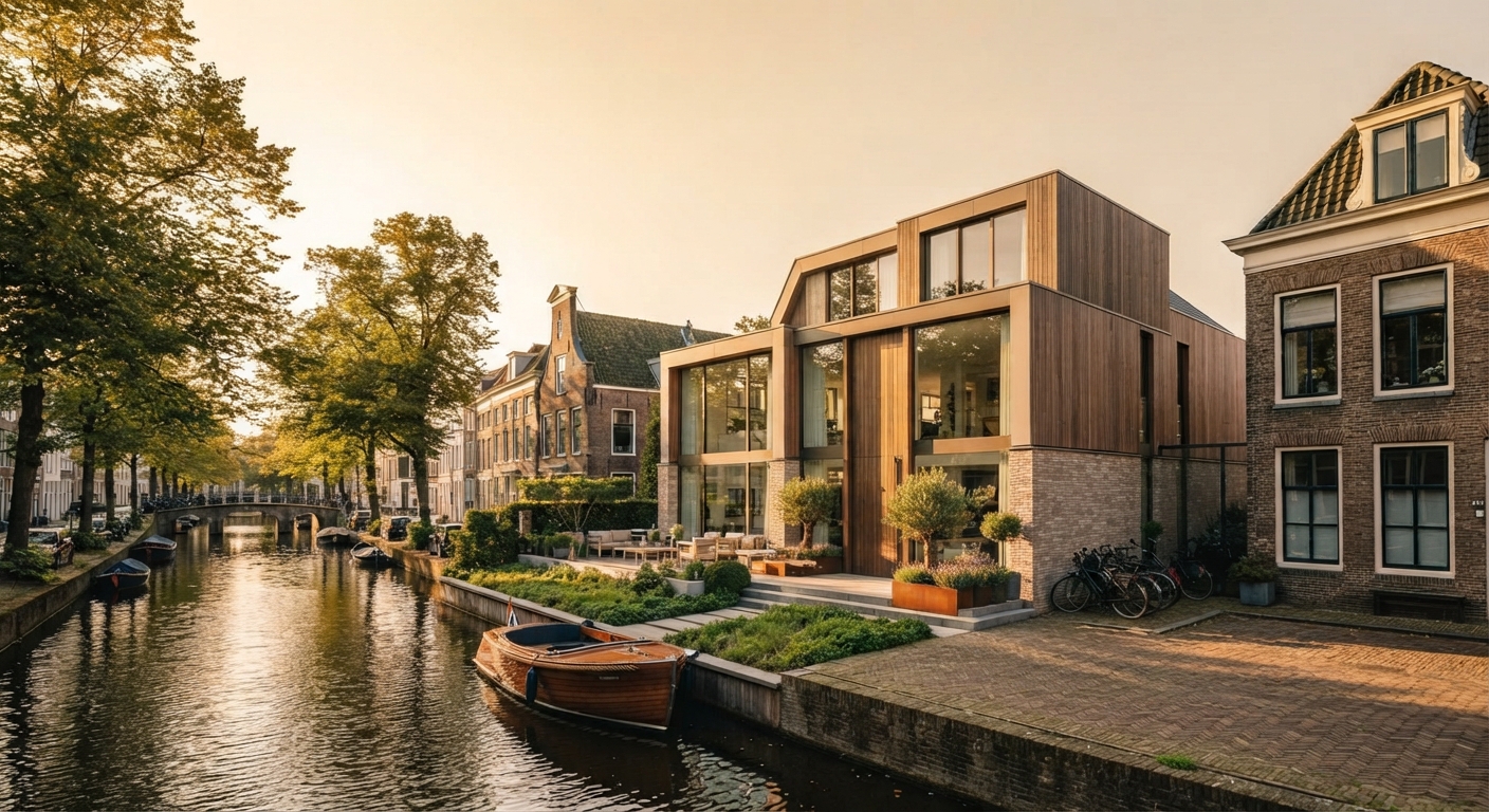 Archithello 3D visualisatie — moderne nieuwbouw aan de vaart tussen historische panden, Voorburg