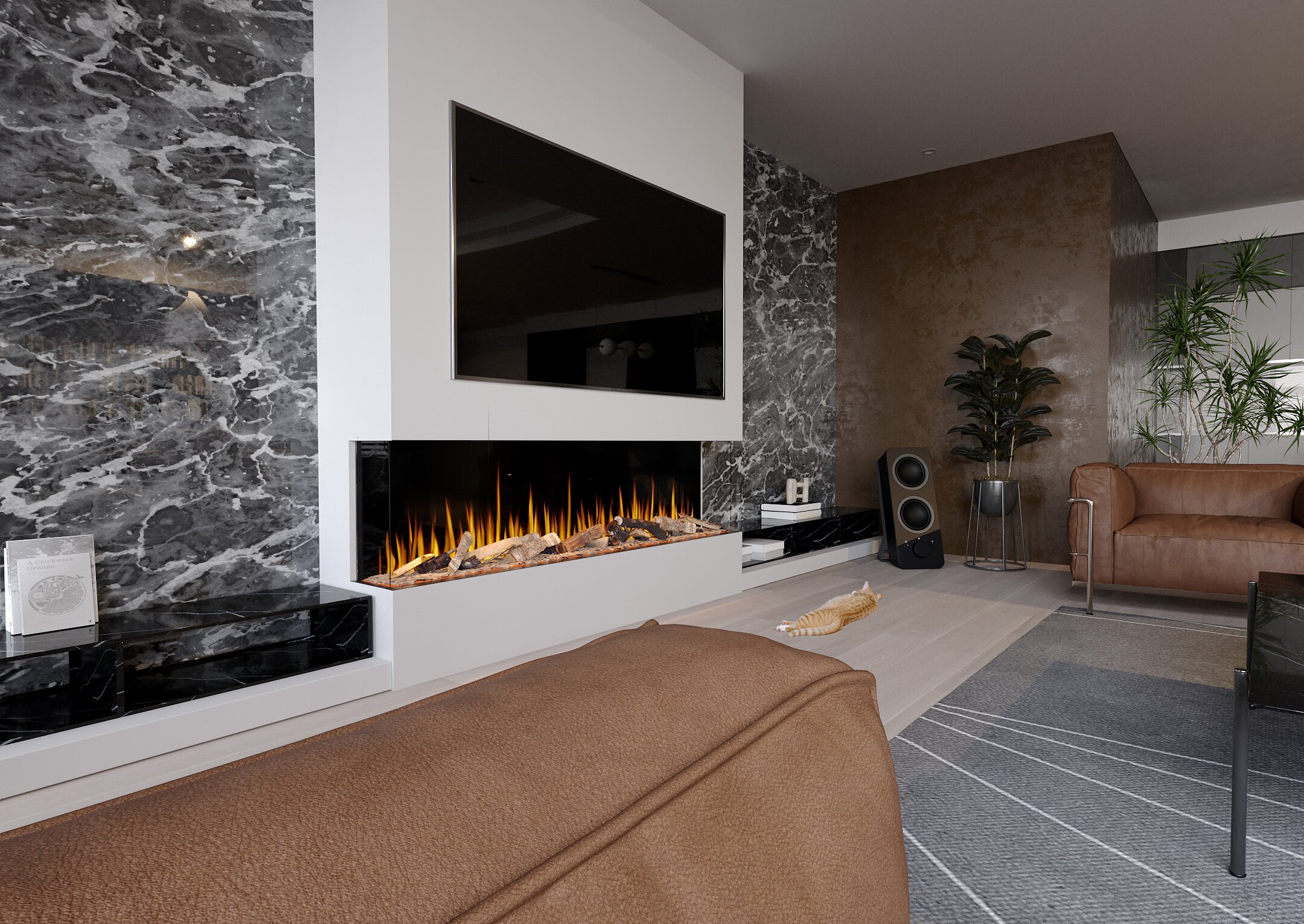 Archithello interieur render — woonkamer met open haard en marmeren wand