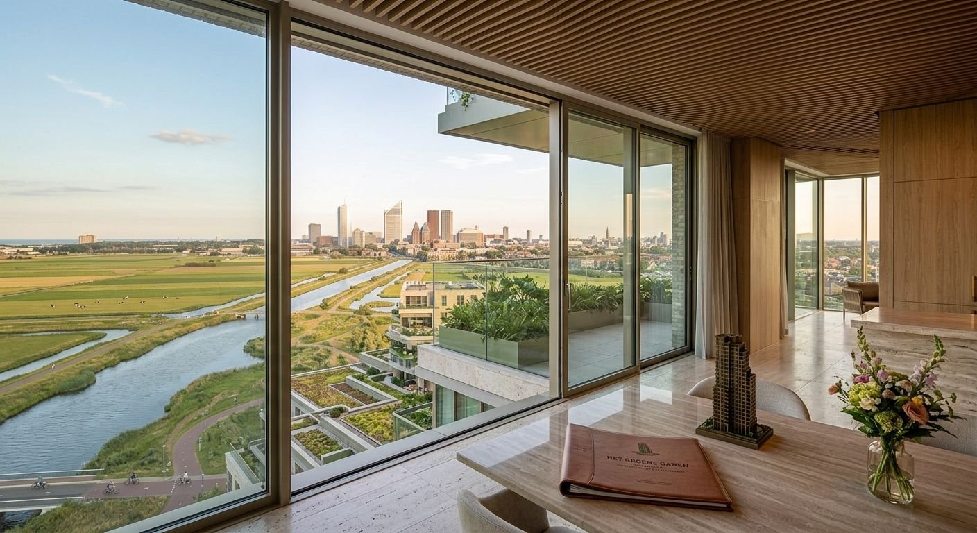 Archithello render — uitzicht vanuit appartement bovenste verdieping, skyline Den Haag