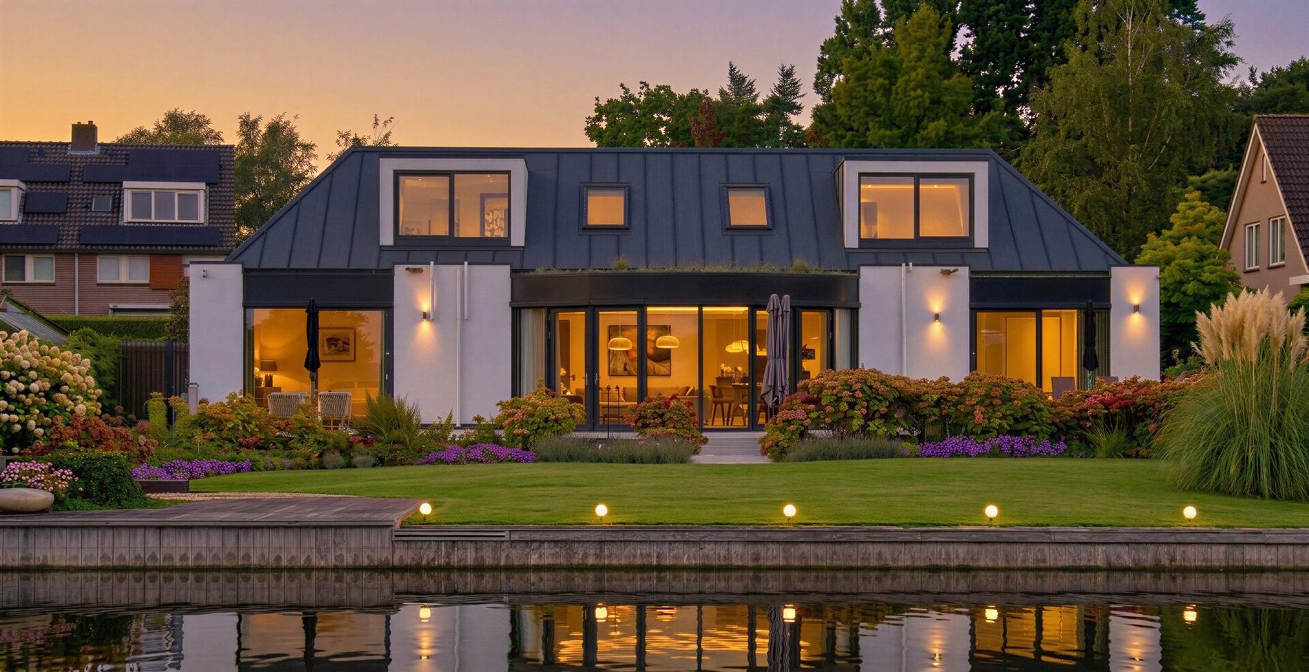 Archithello 3D render — dakopbouw villa, zomeravond