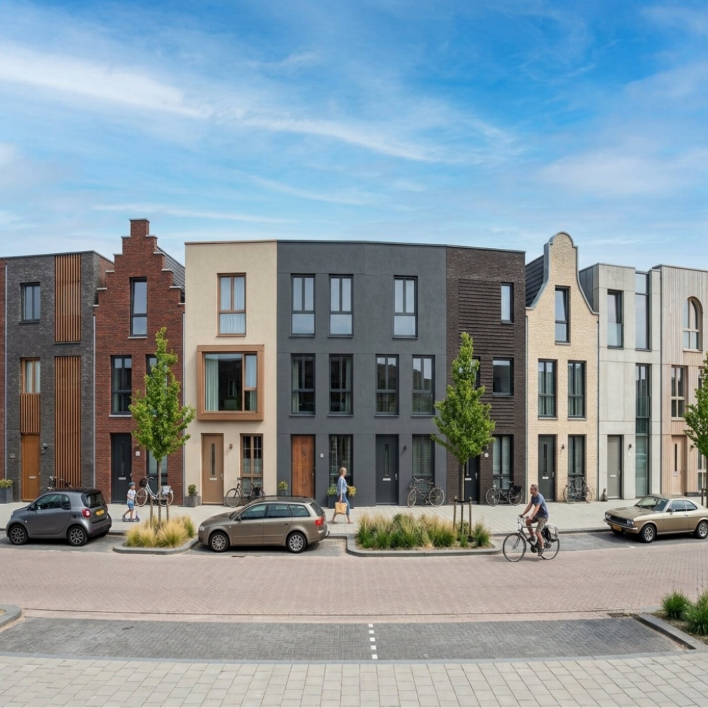 Archithello exterieur render — moderne Amsterdamse rijtjeswoningen met trapgevels