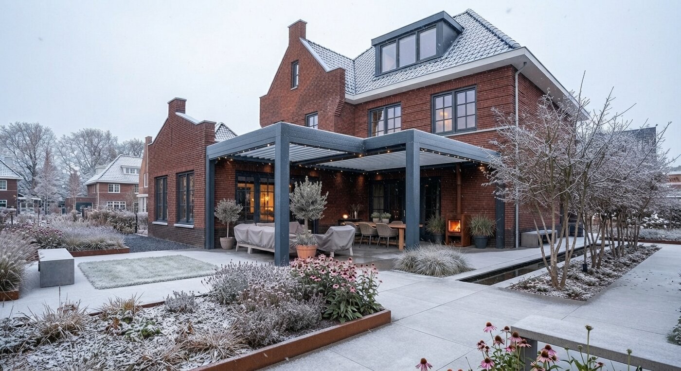 Villa met aluminium overkapping — winteravond met verlichting