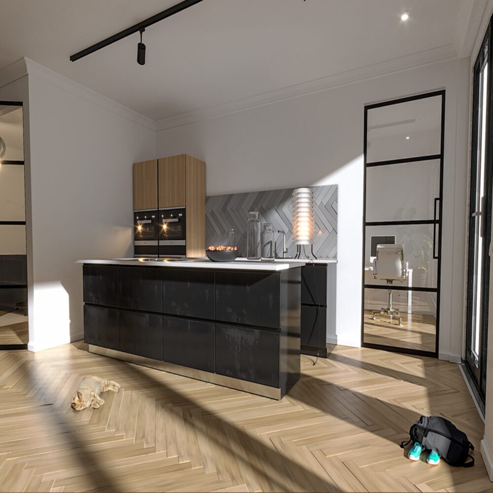 Archithello interieur render — moderne zwarte keuken