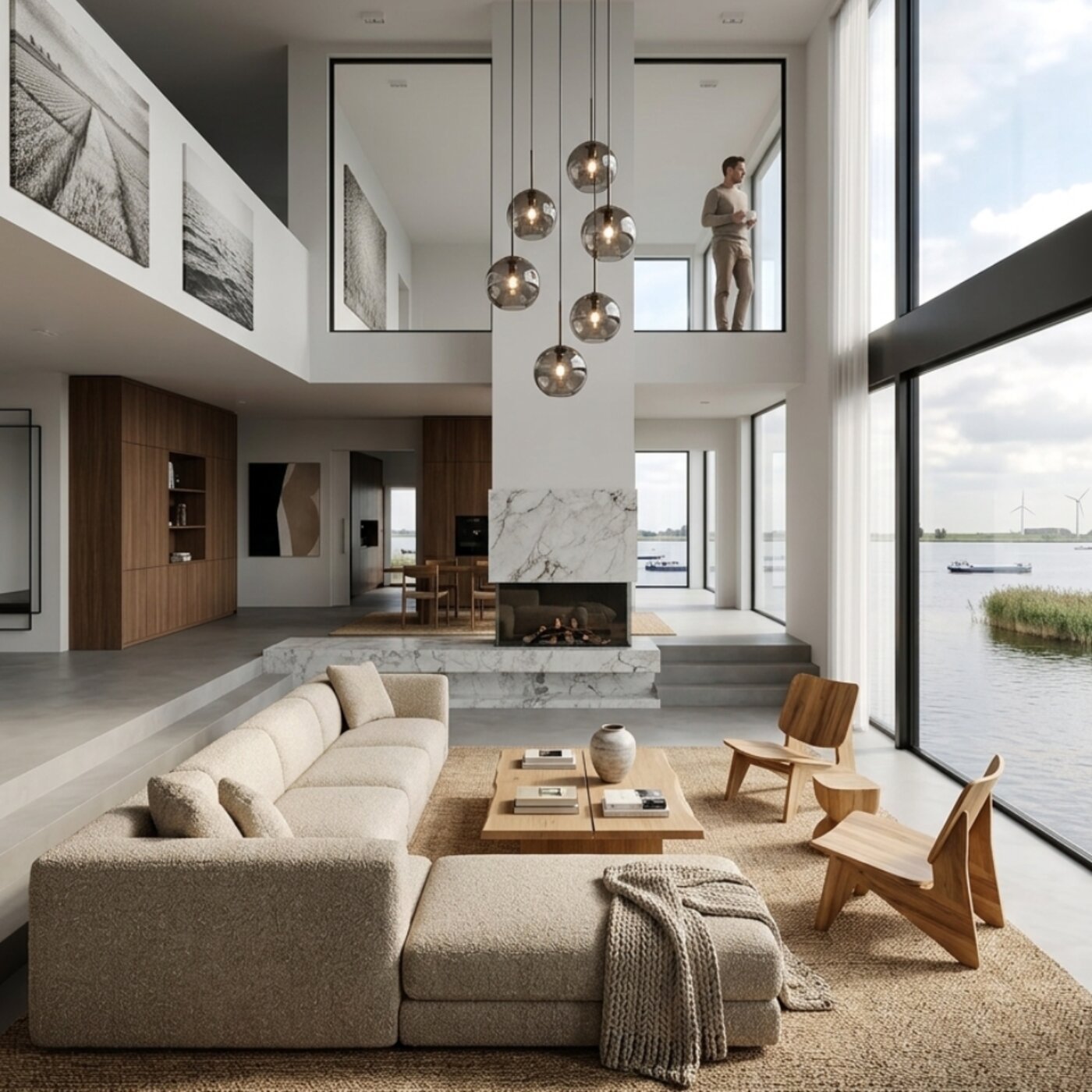 Archithello interieur render — vrijstaande villa met mezzanine en waterzicht