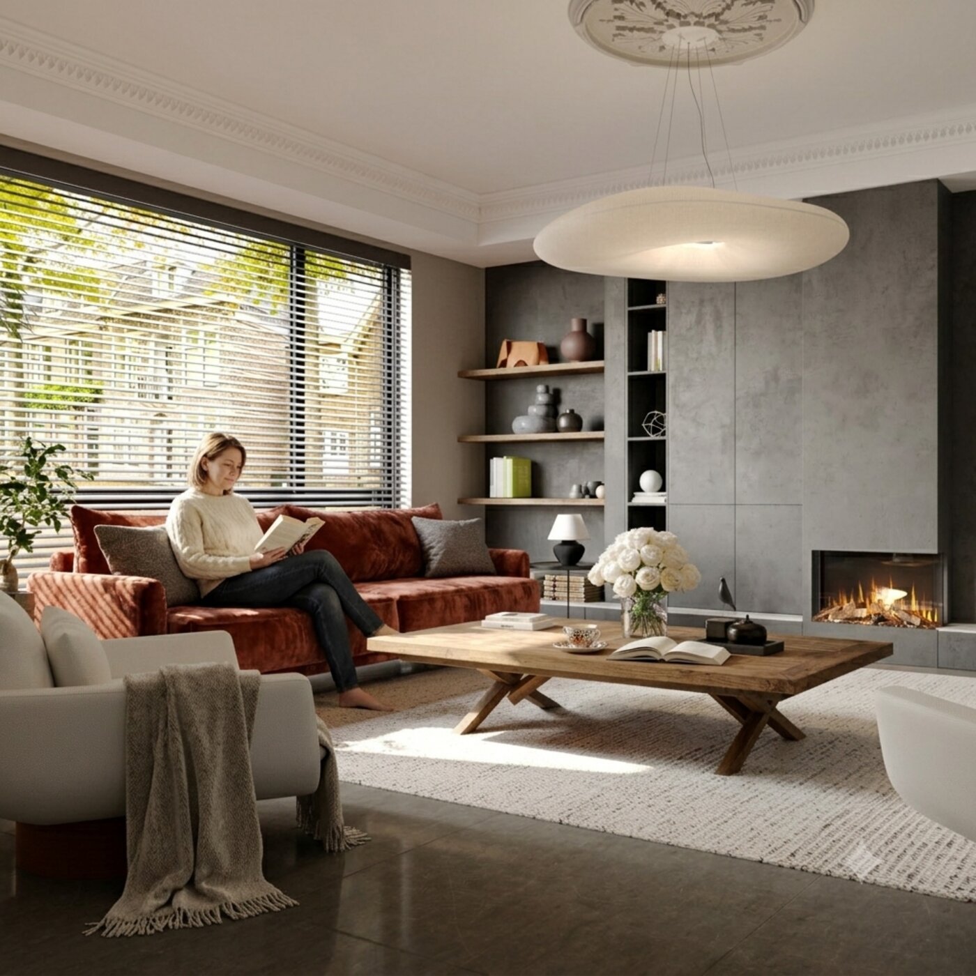 Archithello interieur render — moderne klassieke woonkamer met haard