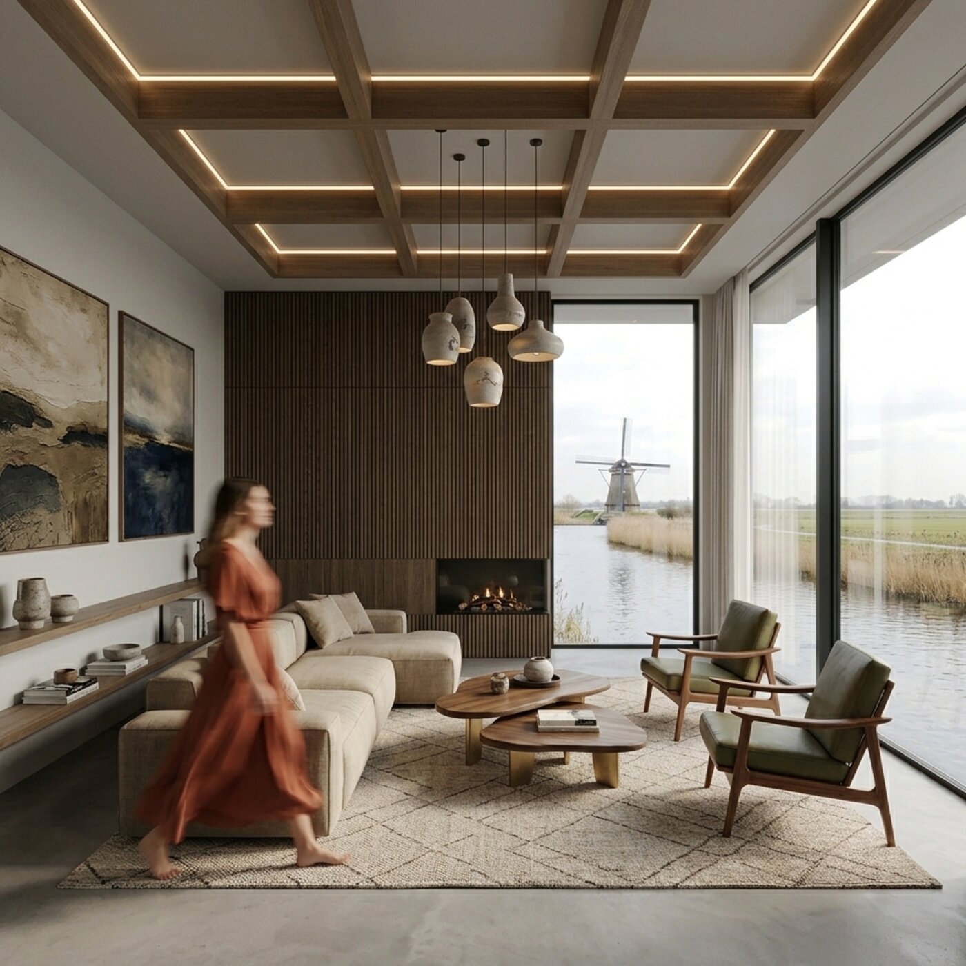 Archithello interieur render — villa woonkamer met molenuitzicht