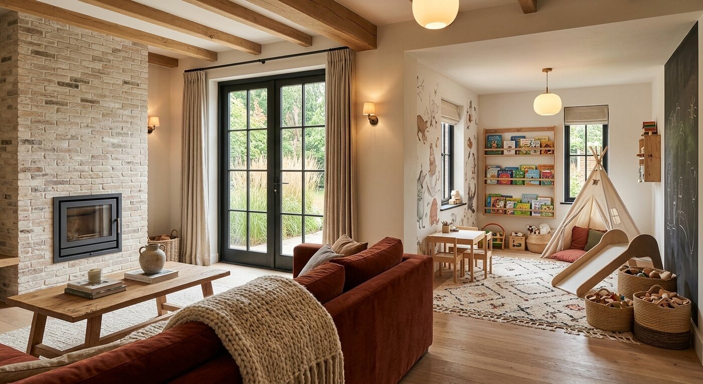 Archithello interieur render — verbouwing woonkamer met speelhoek