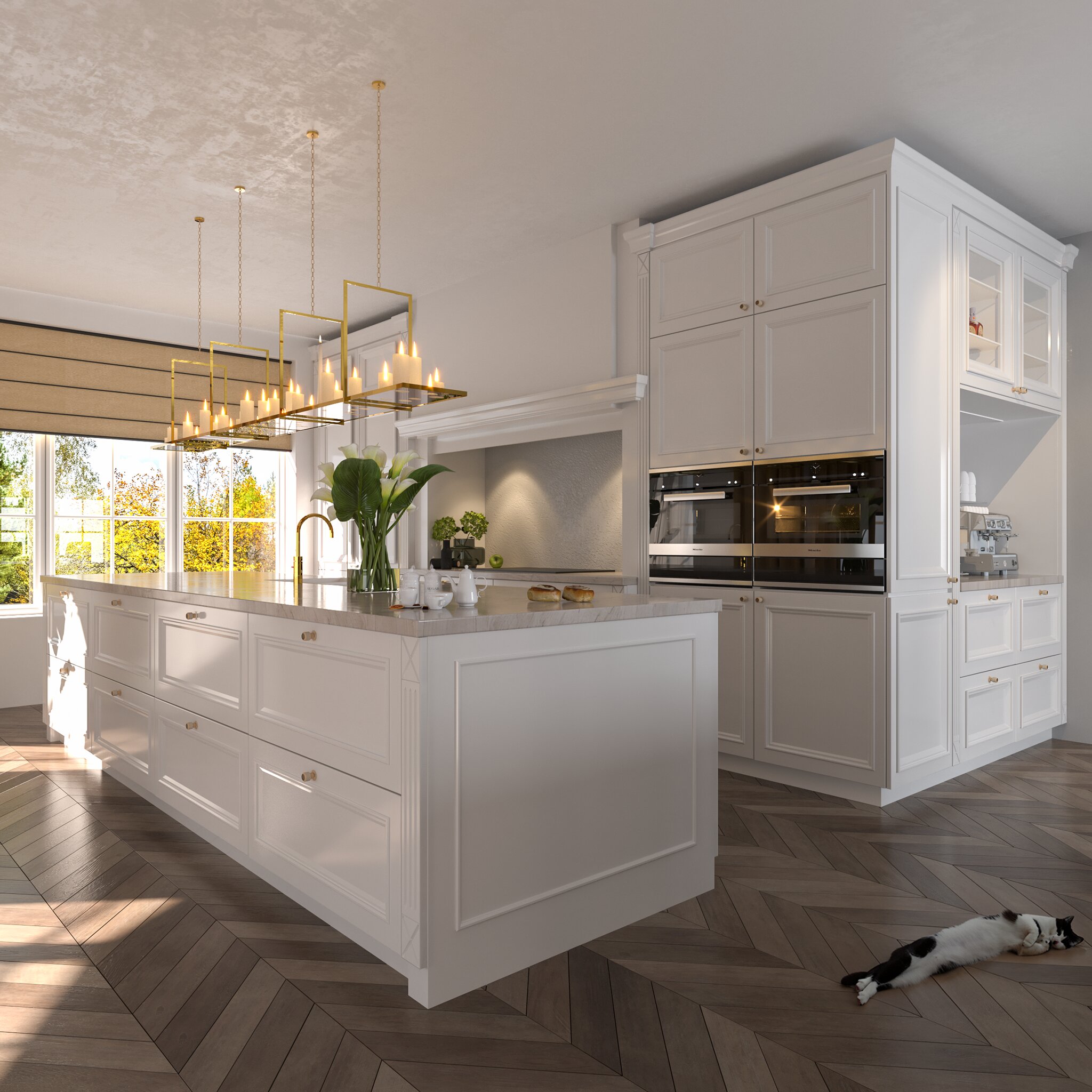 Archithello interieur render — klassieke witte keuken met gouden accenten