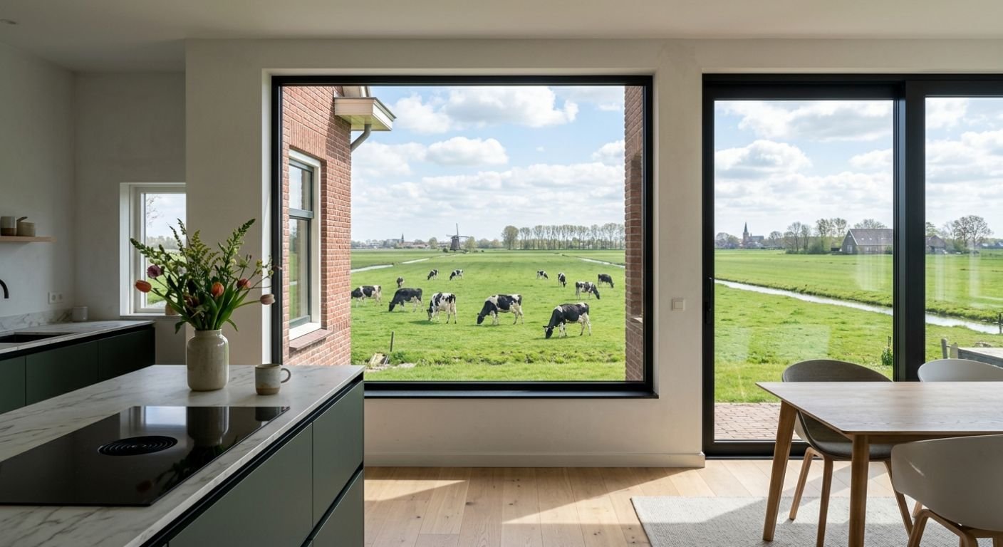 Archithello 3D render studio — jaren '30 woningrenovatie, keuken met polderuitzicht