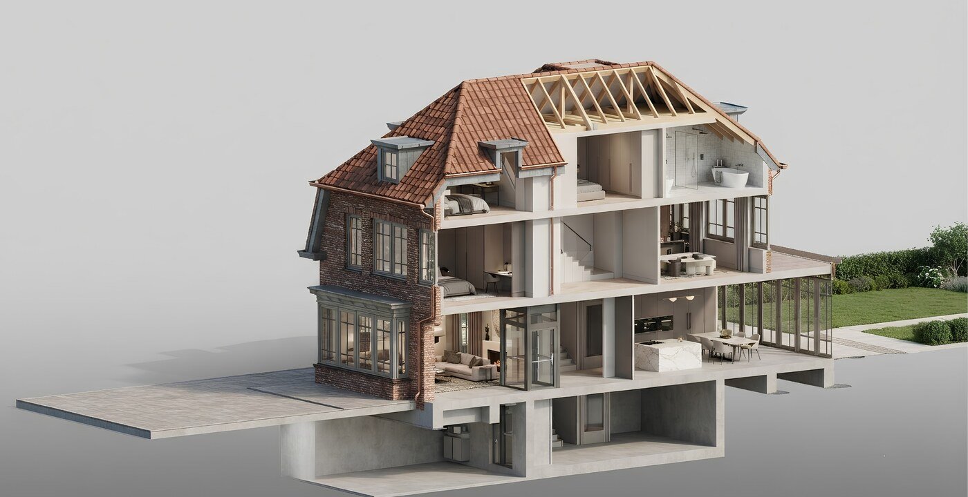 Archithello fotorealistische render — doorsnede villa met volledig interieur en belichting