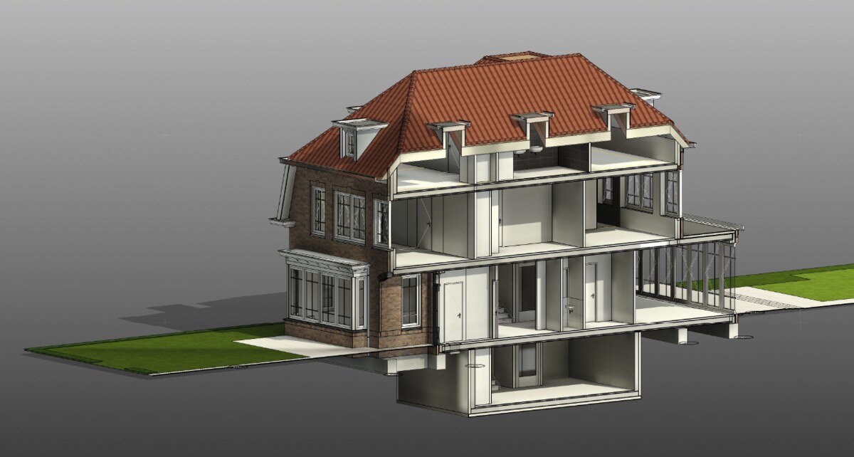 Archithello 3D-model in Revit — doorsnede villa, technische opbouw zonder materialen en belichting