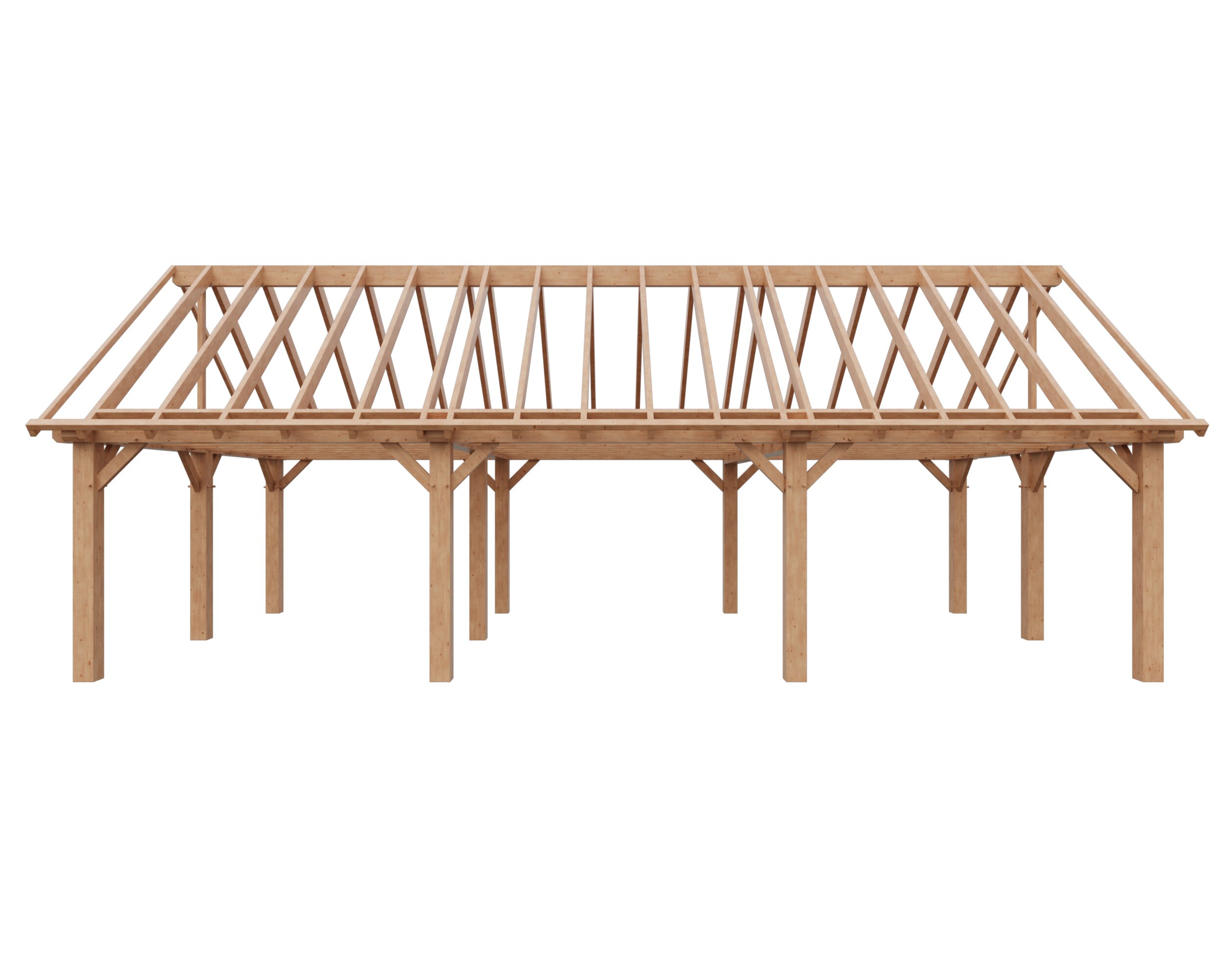 Archithello product render — houten overkapping zadeldak, zijaanzicht