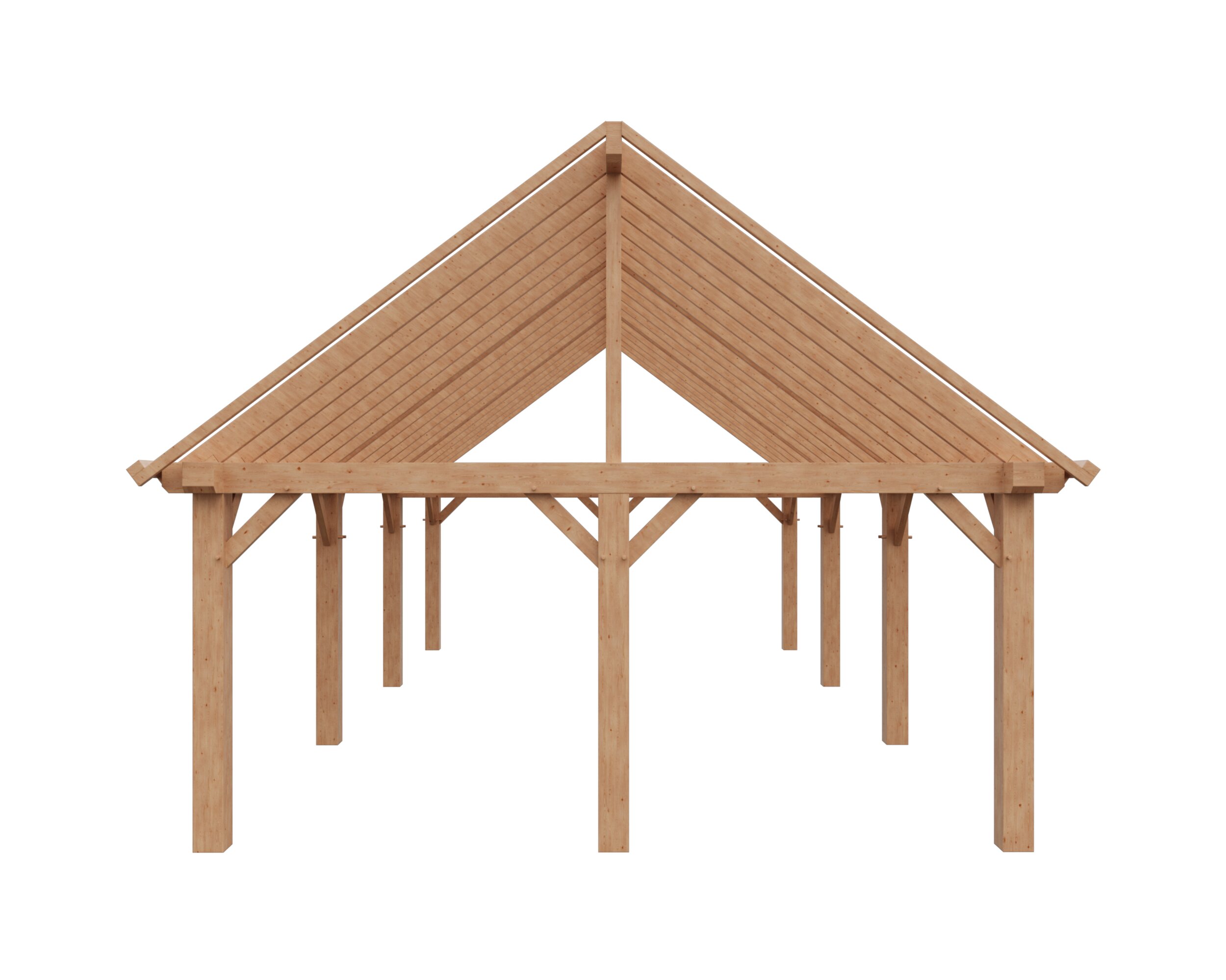 Archithello product render — houten overkapping zadeldak, vooraanzicht