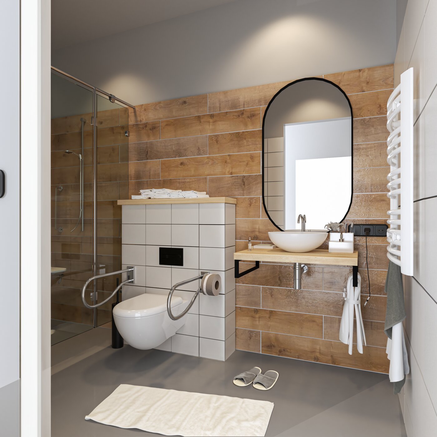 Archithello interieur render — badkamer met beugels en inloopdouche