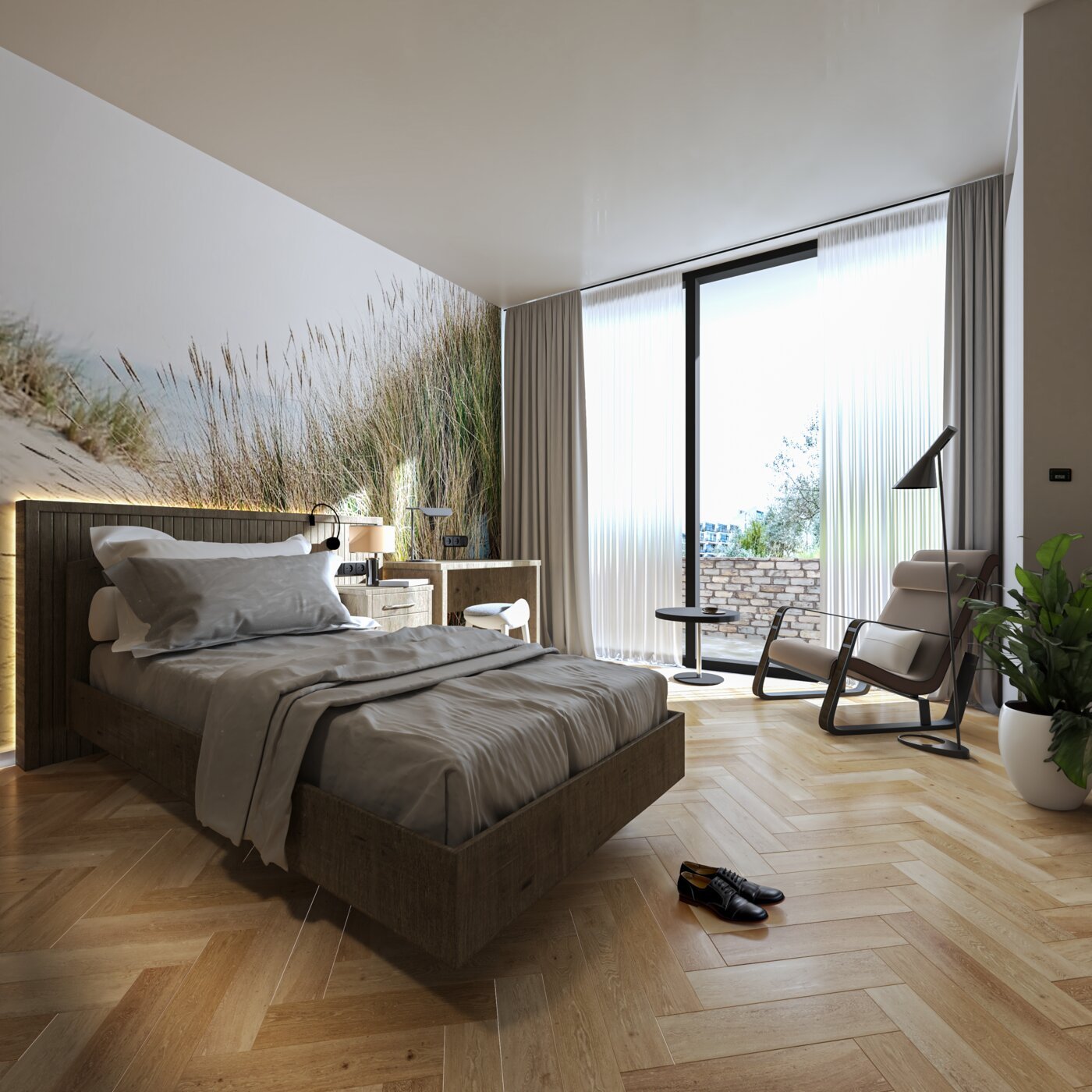 Archithello interieur render — hotelkamer duinthema